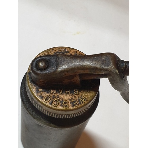 124 - 2 vintage pump action oil cans & ½ pint oil pourer jug , oil cans – 26cm & 15 cm high and pourer – 1... 