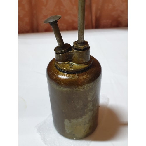 124 - 2 vintage pump action oil cans & ½ pint oil pourer jug , oil cans – 26cm & 15 cm high and pourer – 1... 