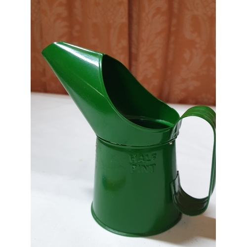 124 - 2 vintage pump action oil cans & ½ pint oil pourer jug , oil cans – 26cm & 15 cm high and pourer – 1... 