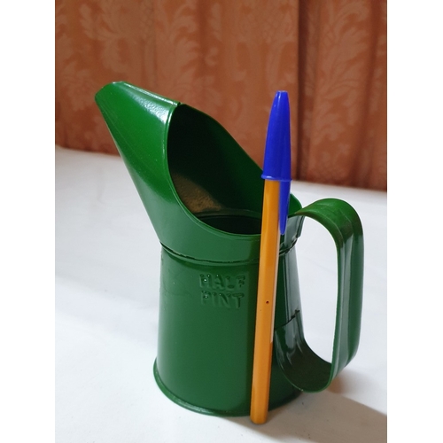 124 - 2 vintage pump action oil cans & ½ pint oil pourer jug , oil cans – 26cm & 15 cm high and pourer – 1... 