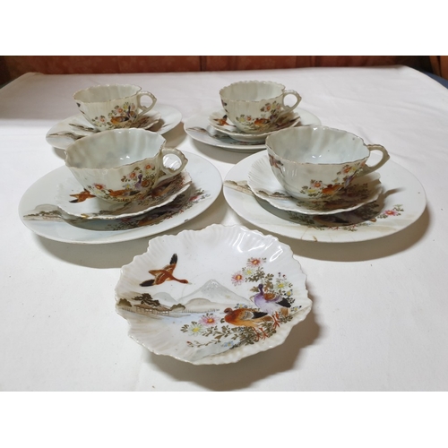 136 - Japanese hand painted egg shell porcelain Kutani Ware featuring scenes with birds, lake and Mount Fu... 