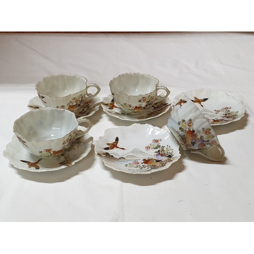 136 - Japanese hand painted egg shell porcelain Kutani Ware featuring scenes with birds, lake and Mount Fu... 