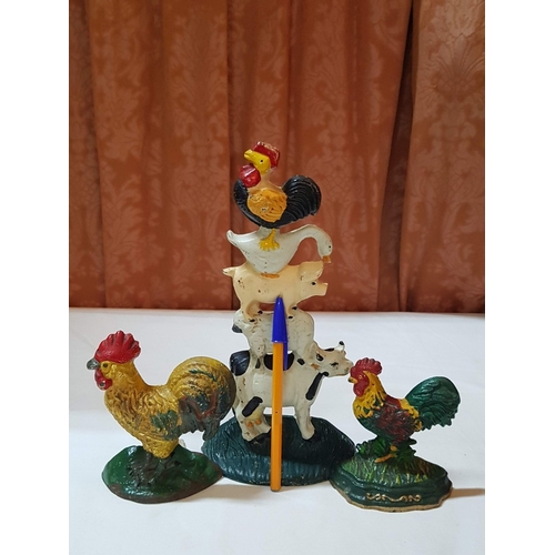 156 - 3 Vintage cast iron door stops – 2 ‘Cockerels’ – 10cm x 15 & 9cm x 11 plus ‘Cockerel on Goose, on Pi... 