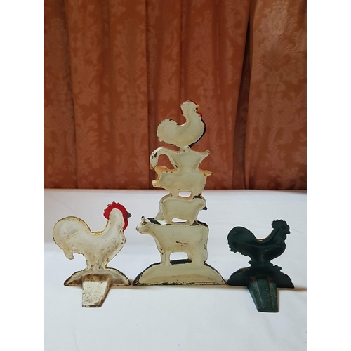 156 - 3 Vintage cast iron door stops – 2 ‘Cockerels’ – 10cm x 15 & 9cm x 11 plus ‘Cockerel on Goose, on Pi... 