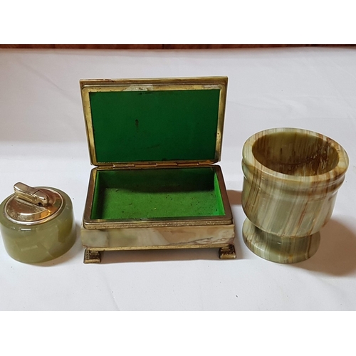 5 pieces green onyx, cigarette box,
