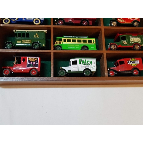 12 - Wooden glass fronted display case containing 15 x Lledo die cast commercial vehicles – unit is 33cm ... 