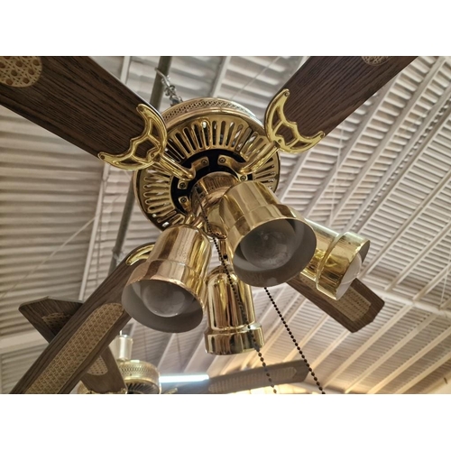 120A - Pair of 4-Blade Ceiling Fans with 4-Spot Lights, Brass, Dark Wood and Cane Effect, (2), Together wit... 