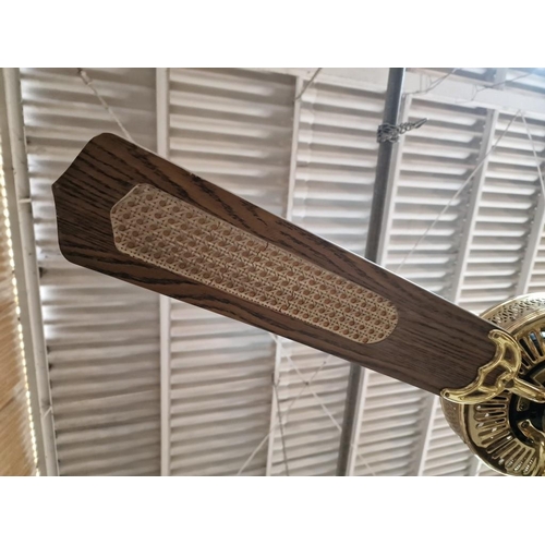 120A - Pair of 4-Blade Ceiling Fans with 4-Spot Lights, Brass, Dark Wood and Cane Effect, (2), Together wit... 