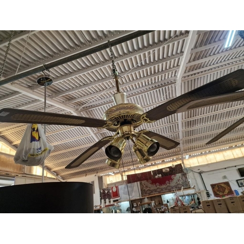 120A - Pair of 4-Blade Ceiling Fans with 4-Spot Lights, Brass, Dark Wood and Cane Effect, (2), Together wit... 