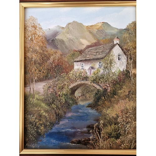 194 - Framed Oil on Canvas Painting of Countryside Cottage with Stream & Bridge, Signed, by Ann Celia (Fre... 