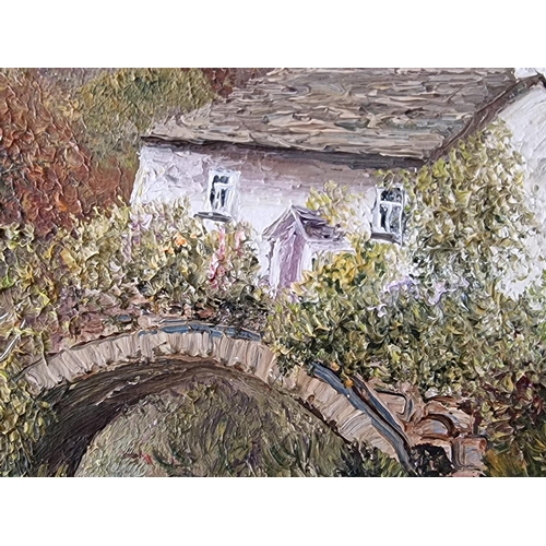 194 - Framed Oil on Canvas Painting of Countryside Cottage with Stream & Bridge, Signed, by Ann Celia (Fre... 