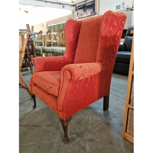 214 - Red Fabric Wing Back Armchair with Scroll Arms Over Short Cabriole Front Legs