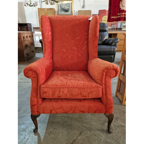 214 - Red Fabric Wing Back Armchair with Scroll Arms Over Short Cabriole Front Legs