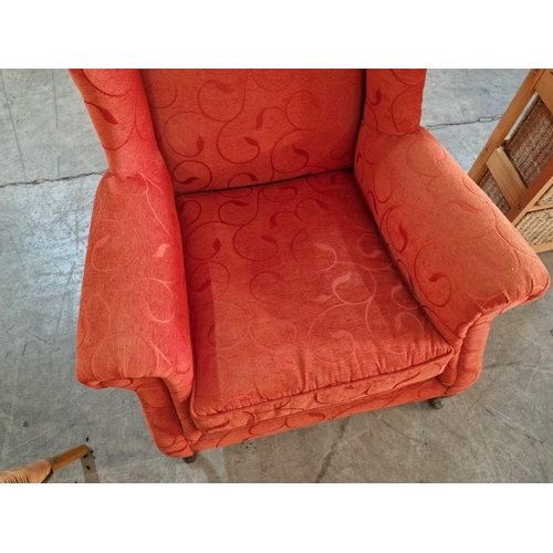 214 - Red Fabric Wing Back Armchair with Scroll Arms Over Short Cabriole Front Legs