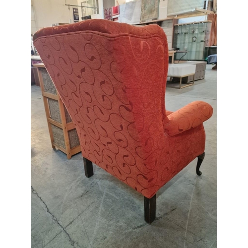 214 - Red Fabric Wing Back Armchair with Scroll Arms Over Short Cabriole Front Legs