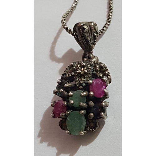 166 - Silver 925 Sunspicems Necklace, Chain (Approx. 46cm) with Oriental Style Pendant with Natural Stones... 
