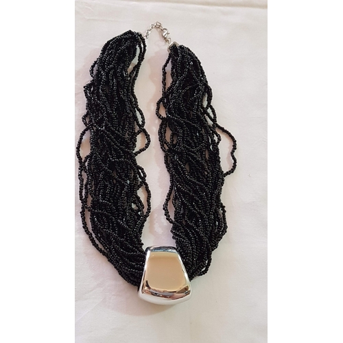 188 - 'DIM BIJOUX' Black Beads Multistrand Necklas with Decorative Silver Tone Pendant, Made in Italy, App... 