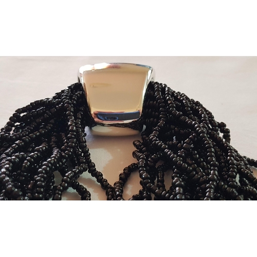 188 - 'DIM BIJOUX' Black Beads Multistrand Necklas with Decorative Silver Tone Pendant, Made in Italy, App... 