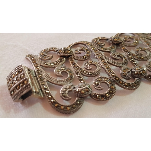 189 - Sunspicems Style Silver 925 Cuff Bracelet, Delicate Filigree Lace Design, Decorated with Marcasite S... 