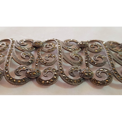189 - Sunspicems Style Silver 925 Cuff Bracelet, Delicate Filigree Lace Design, Decorated with Marcasite S... 