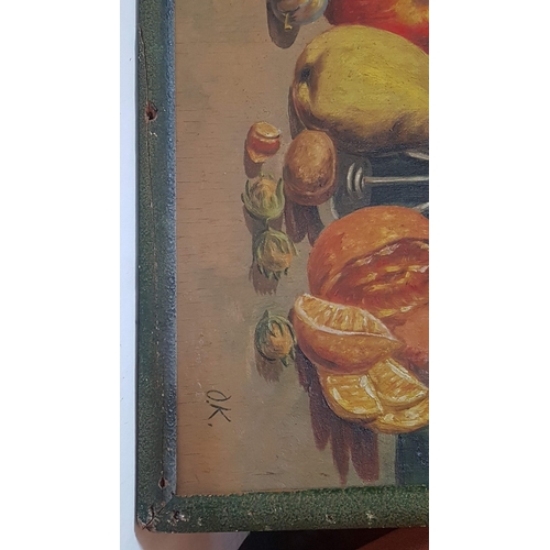 201 - Vintage 'Fruit' Still Life on The Board, Framed (A/F), Signed O.K., Approx. 50cm x 42cm Overall.