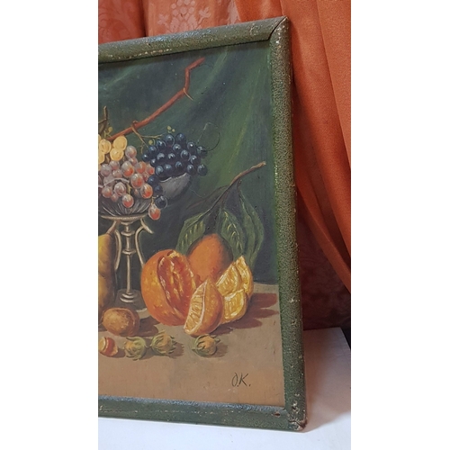 201 - Vintage 'Fruit' Still Life on The Board, Framed (A/F), Signed O.K., Approx. 50cm x 42cm Overall.