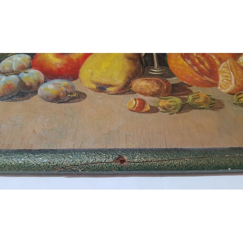 201 - Vintage 'Fruit' Still Life on The Board, Framed (A/F), Signed O.K., Approx. 50cm x 42cm Overall.