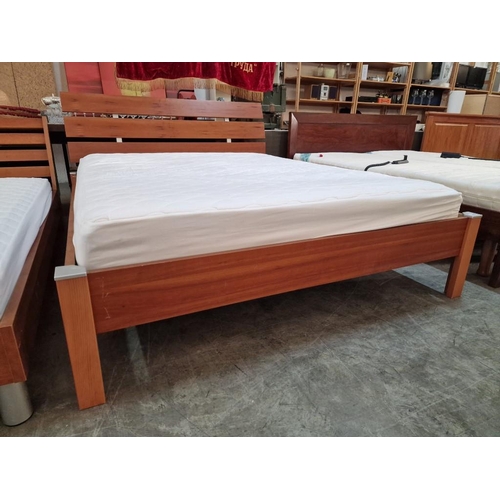 205 - Modern Cherry Wood Colour EU King Size Bed with Wood Surround and Angled Slat Headboard, Together wi... 
