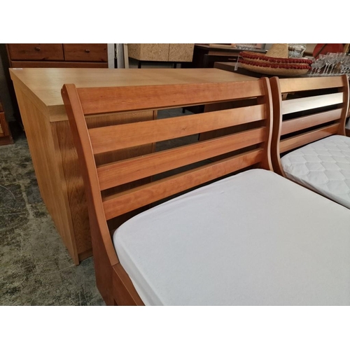 207 - Modern Cherry Wood Colour Single Bed with Wood Surround and Angled Slat Headboard, Together with 'Ge... 
