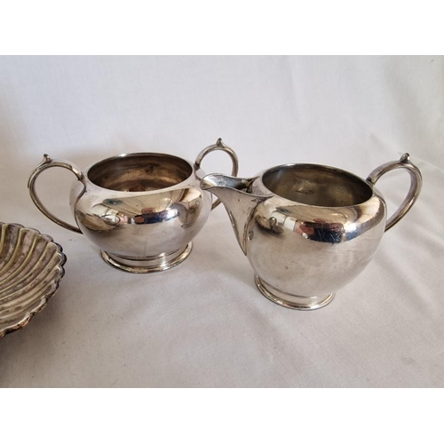 221 - Collection of Silver Plated Tableware; Decorative 3-Part Shell Shape Snack Dish, Art Deco Style Milk... 