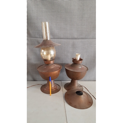 179 - Pair of Vintage Copper Oil/Kerosene Lamp Converted to An Electric Lamp, One with Original Glass Lamp... 
