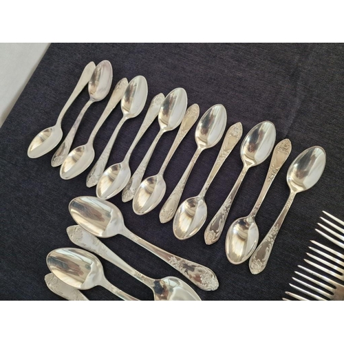 29 - Vintage 12-Place Soviet Melchior (White Metal) Cutlery Set, in Classic Pattern with Decorative Handl... 