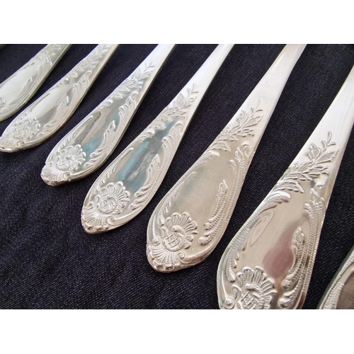 29 - Vintage 12-Place Soviet Melchior (White Metal) Cutlery Set, in Classic Pattern with Decorative Handl... 