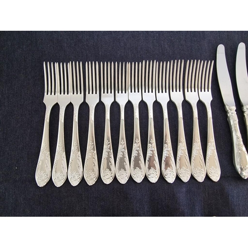 29 - Vintage 12-Place Soviet Melchior (White Metal) Cutlery Set, in Classic Pattern with Decorative Handl... 