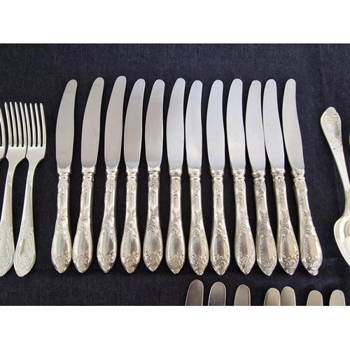 29 - Vintage 12-Place Soviet Melchior (White Metal) Cutlery Set, in Classic Pattern with Decorative Handl... 