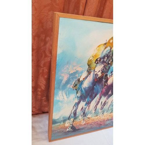 Horse Racing' Art Abstract, Oil on Canvas in Pine Frame, Approx
