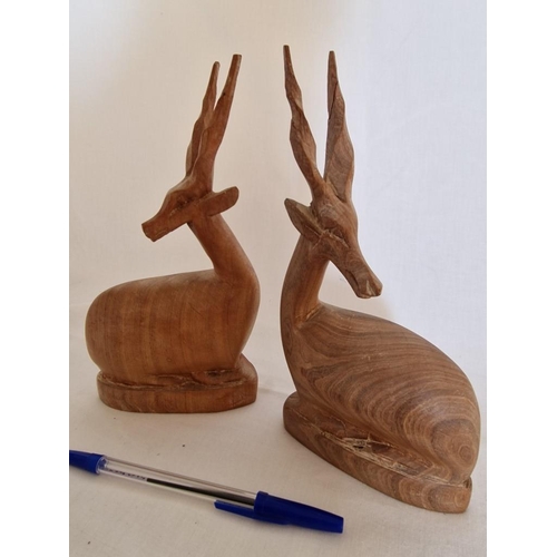 233 - 2 x Hand Carved Teak Wood African Gazelle Figures, Circa 1960's, (Approx. H: 21cm), (2)
