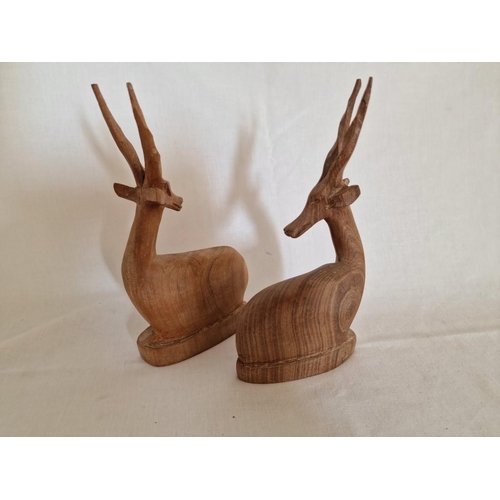 233 - 2 x Hand Carved Teak Wood African Gazelle Figures, Circa 1960's, (Approx. H: 21cm), (2)