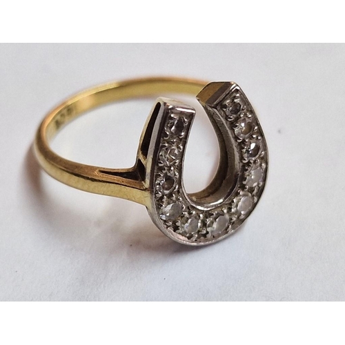 108 - 18ct Gold Ring with White Gold Horse Shoe Face Set with 11 x Graduating Diamonds, (Approx. Size: K, ... 