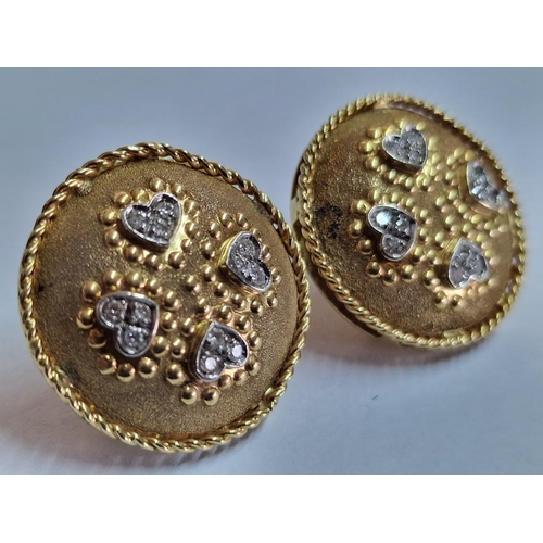 140 - Pair of 18ct Gold Round Concave Earrings, Each Set with 4 x White Gold Heart Shapes & 12 Diamonds, w... 