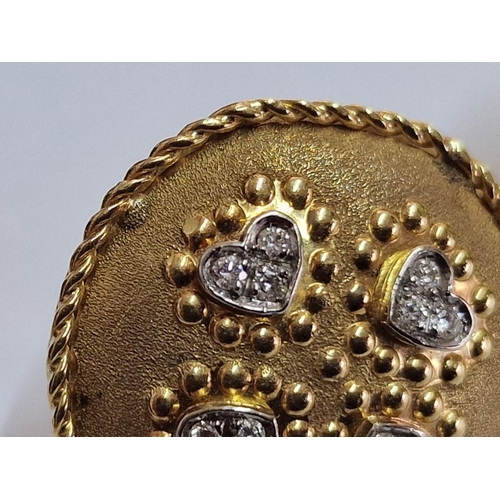 140 - Pair of 18ct Gold Round Concave Earrings, Each Set with 4 x White Gold Heart Shapes & 12 Diamonds, w... 