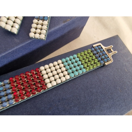 141 - Swarovski Set; Multi-Colour Crystal & Leather Matching Choker Necklace, Bracelet and Earrings, * Loo... 