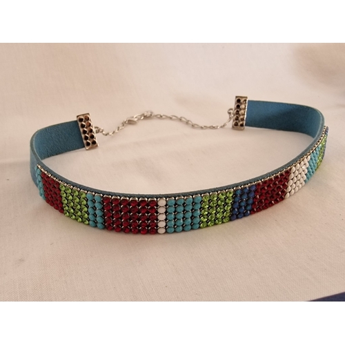 141 - Swarovski Set; Multi-Colour Crystal & Leather Matching Choker Necklace, Bracelet and Earrings, * Loo... 