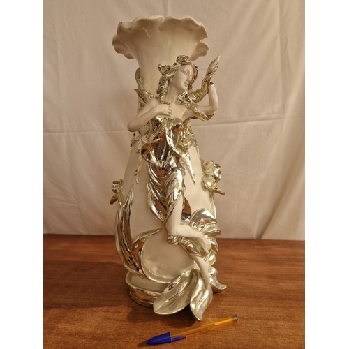 126 - Modern Figural Ceramic Vase Off White with Fluted Rim and Detailed Silver Tone Raised Nymph / Fairy ... 