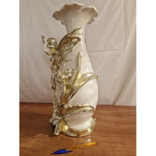 126 - Modern Figural Ceramic Vase Off White with Fluted Rim and Detailed Silver Tone Raised Nymph / Fairy ... 