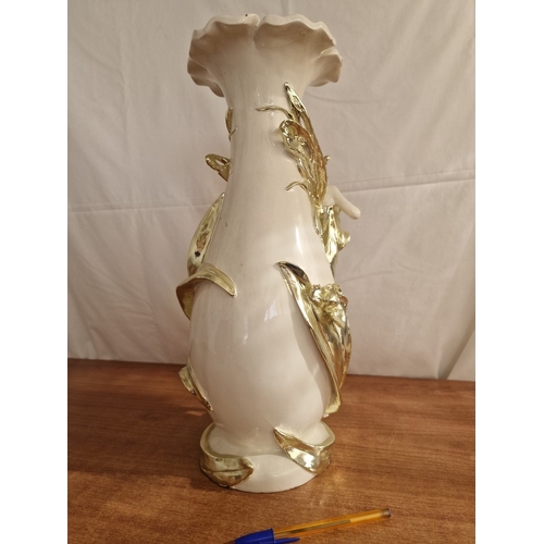 126 - Modern Figural Ceramic Vase Off White with Fluted Rim and Detailed Silver Tone Raised Nymph / Fairy ... 