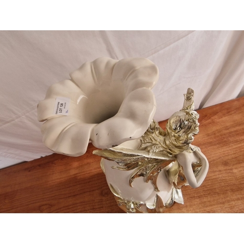 126 - Modern Figural Ceramic Vase Off White with Fluted Rim and Detailed Silver Tone Raised Nymph / Fairy ... 
