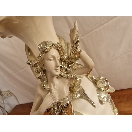 126 - Modern Figural Ceramic Vase Off White with Fluted Rim and Detailed Silver Tone Raised Nymph / Fairy ... 