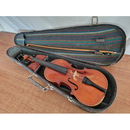 63 - Vintage Violin, Russian / Soviet Era, with Bow and Hard Carry Case, (Approx. L: 60cm, a/f)