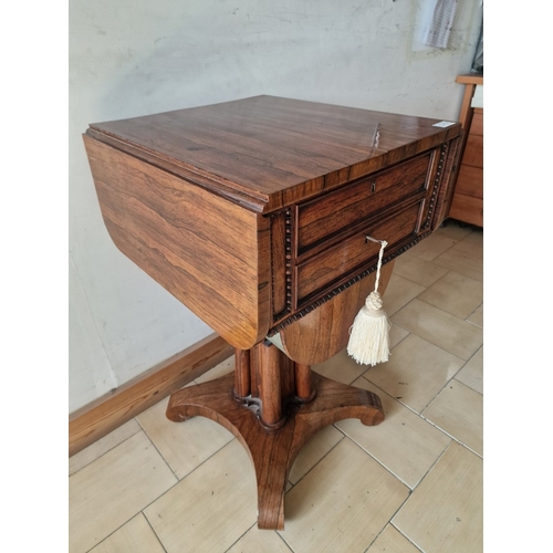 65 - Excellent Antique Rosewood Work Table, Circa 19th Century, Drop Leaf Table with 4-Cluster Column Ped... 